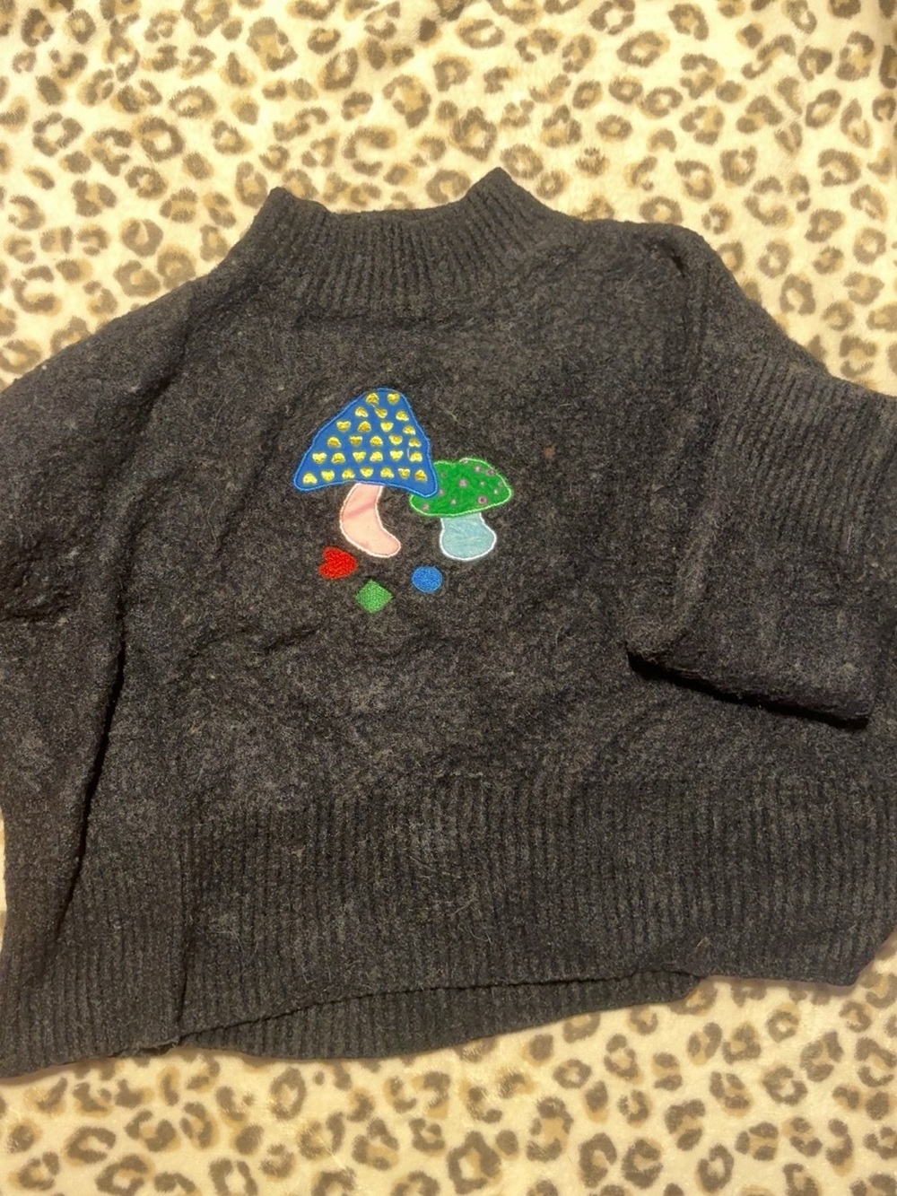 Cider Charcoal Turtleneck Sweater with Colorful Mushroom Patch